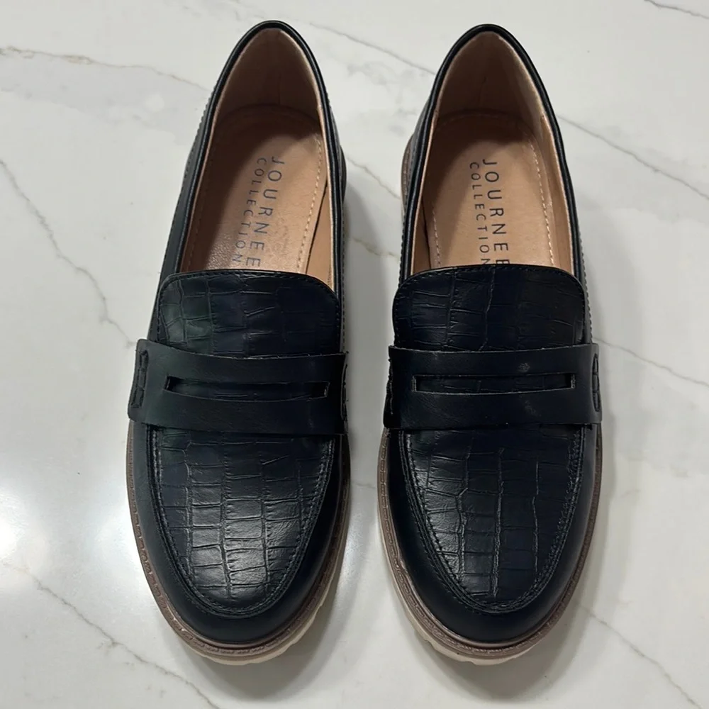 Journee Collection Black Crocodile Embossed Loafers